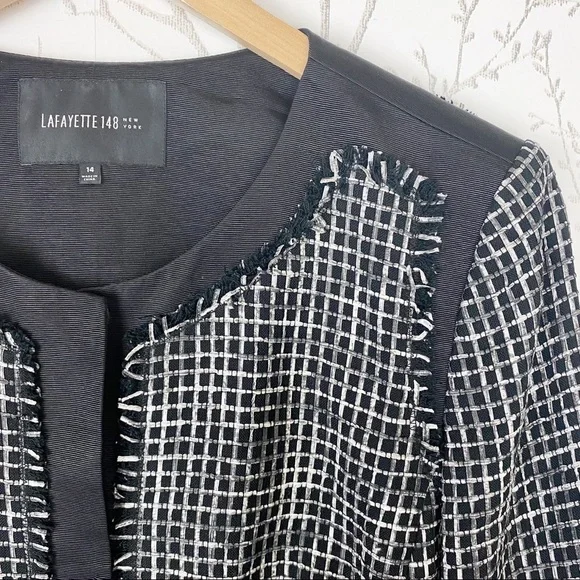 LAFAYETTE 148 NEW YORK Black Textured Tweed Grid Fringe Blazer Jacket 14 office - Picture 4 of 16